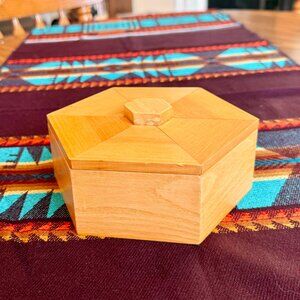 Small Vintage Mid-Century Modern Hexagonal Japanese Wooden Storage Box